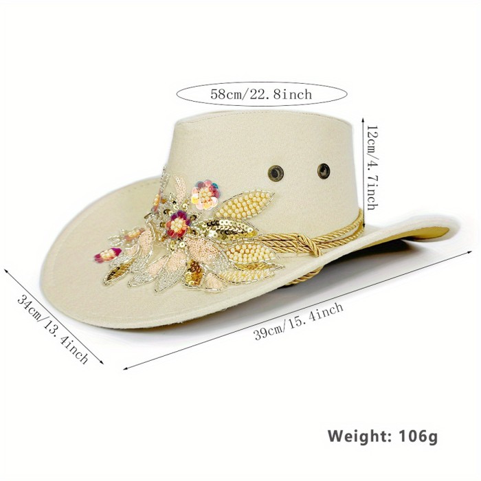 Women Wide Brim Suede Hat Fashion Floral Embroidery Cowgirl Hat Autumn Winter Felt Jazz Cap