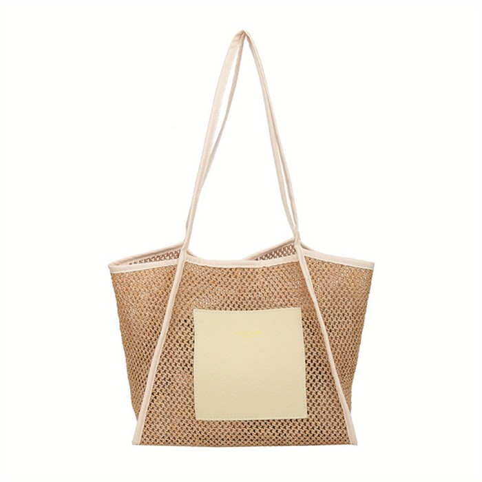 Women’s Woven Straw Tote Bag – Large Capacity Beige & White Shoulder Handbag for Beach, Vacation & Everyday Use