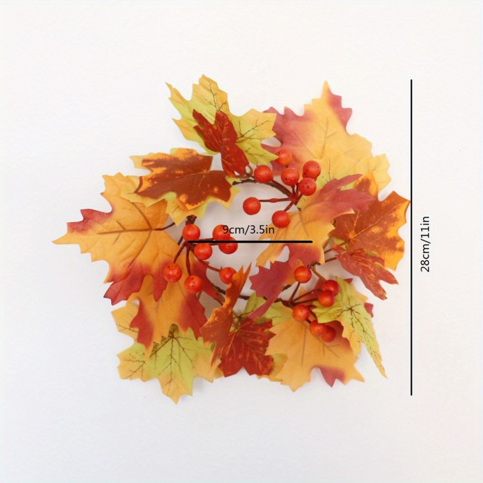 4pcs Elegant Fall Maple Leaf & Berry Candle Holders - Durable Plastic\u002F Wreath Centerpiece with Clear Glass-Like Top, Warm Autumn Colors (Golden, Brown, Orange, Red) for Thanksgiving Tabletop Decor, Rustic Farmhouse Candle Rings, No Electricity Needed, Easy Assembly, Classic Style Desktop Candle Holders with Realistic Maple Leaves and Berries for Festive Home Decoration