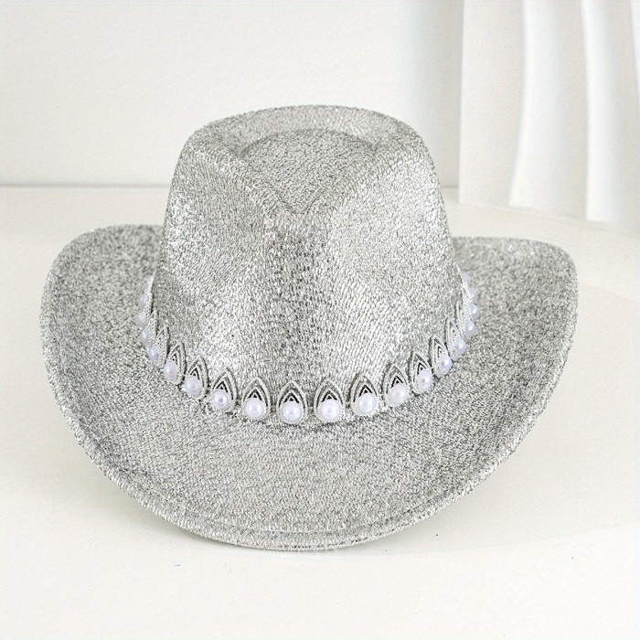Women Cowgirl Hat, Glitter Soft Wide Brim Hat Pearled Western Hat for Club Party