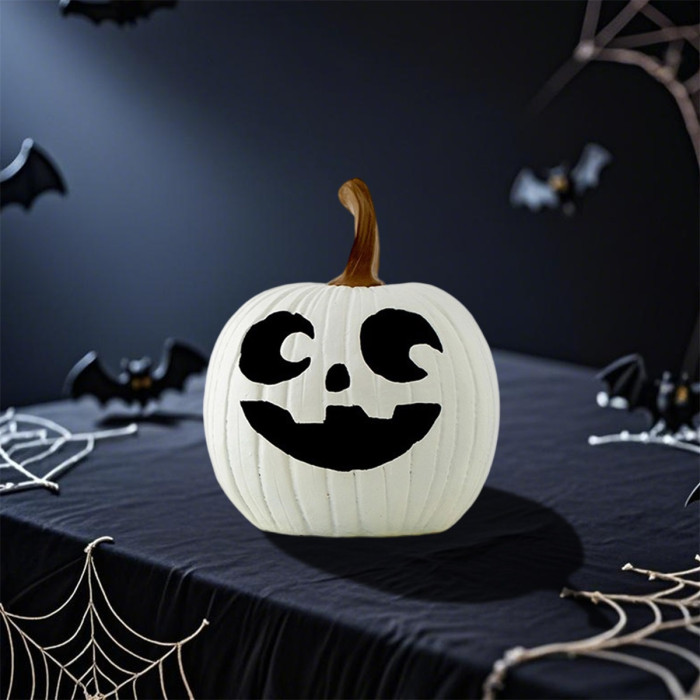 Halloween Table Decorations – Cute Hollow Pumpkin Resin Figurines with Smiling Faces, Festive Fall Centerpiece for Home & Party Decor