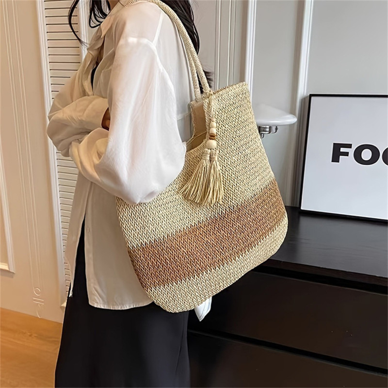 Women's Large Straw Beach Tote Bag - Woven Natural Beige & Brown Tote with Zipper Closure, Decorative Tassel Tassel Accent - Lightweight Durable Straw Fabric for Summer Vacation, Pool, Shopping & Picnic - Stylish & Spacious Handbag