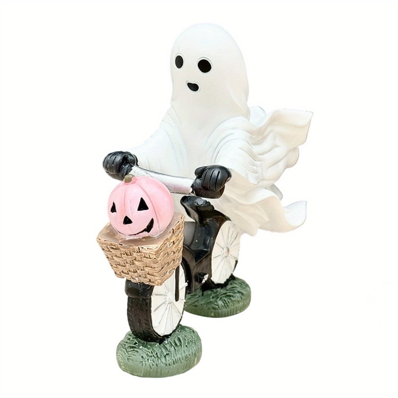 Halloween Ghost Figurine Resin White Ghost Riding Bicycle Statue Indoor Home Decor Tabletop Sculpture, Halloween Event, Fashionable And Exquisite, Back to School Season Gift, Is a Must-Have Decoration for Halloween Families And Parties