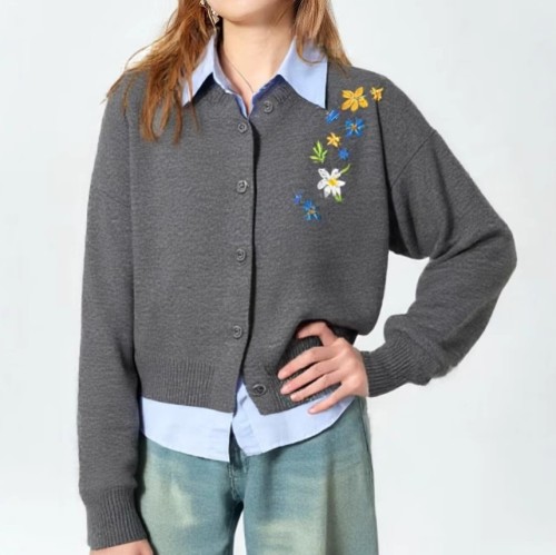 Women's Solid Color Sweater Autumn Cardigan Flower Embroidered Warm Knit Top