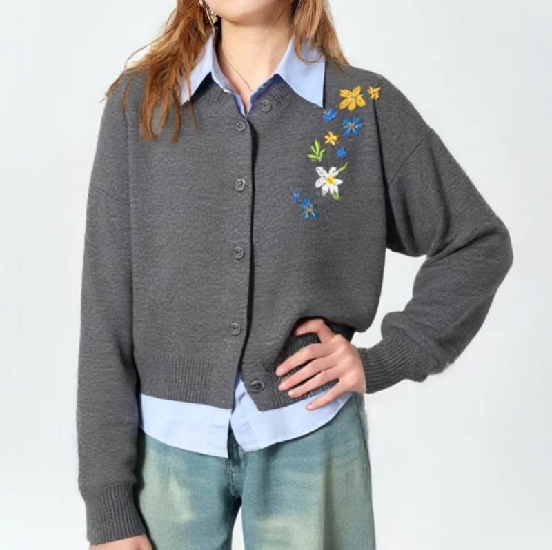 Women's Solid Color Sweater Autumn Cardigan Flower Embroidered Warm Knit Top