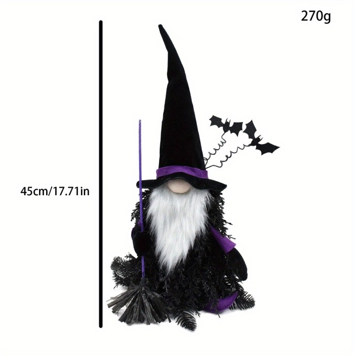 Handmade Halloween Tomte Gnome Figurine – Black & White Plush with Beard & Broomstick, Table or Home Décor