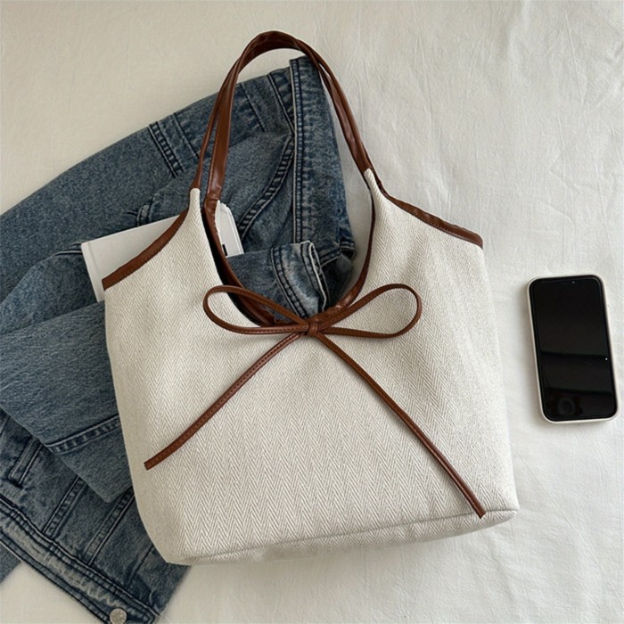 Women’s White Hemp Tote Bag – Spacious Handbag with Brown Bow Accent