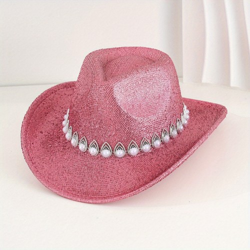 Women Cowgirl Hat, Glitter Soft Wide Brim Hat Pearled Western Hat for Club Party