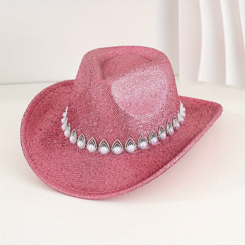 Women Cowgirl Hat, Glitter Soft Wide Brim Hat Pearled Western Hat for Club Party