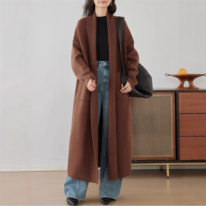 Women's Brown V-neck Long Knitted Cardigan Loose Thick Sweater Autumn and Winter