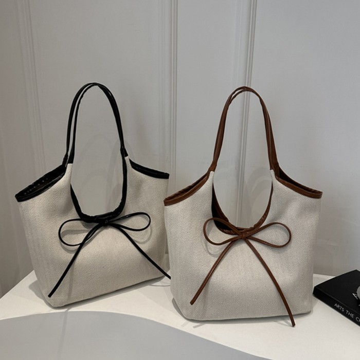 Women’s White Hemp Tote Bag – Spacious Handbag with Brown Bow Accent