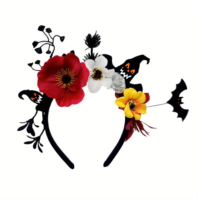 Women's & Teen s' Gothic Floral Bat Wing Headband with Black Bats, Red Poppies & Blue Cornflowers - Elastic Comfort Fit for Halloween Costumes, Themed Parties, Cosplay Accessories - Spooky Hair Hoop Party Favors