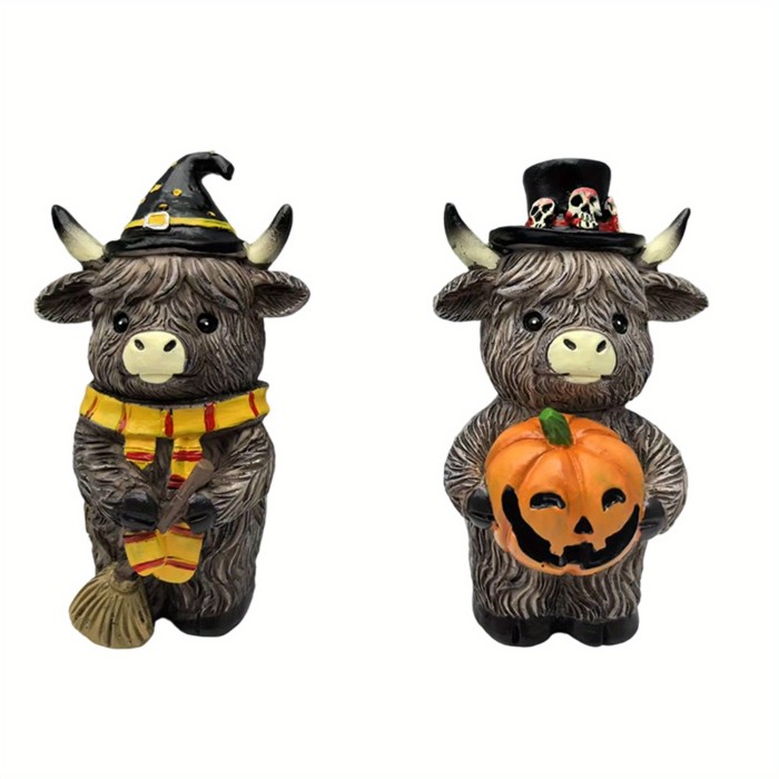 2pcs Halloween Highland Cow Figurines – Autumn Pumpkin Maple Leaf Resin Statues, Rustic Farmhouse Fall Decorations for Home, Garden & Table Decor
