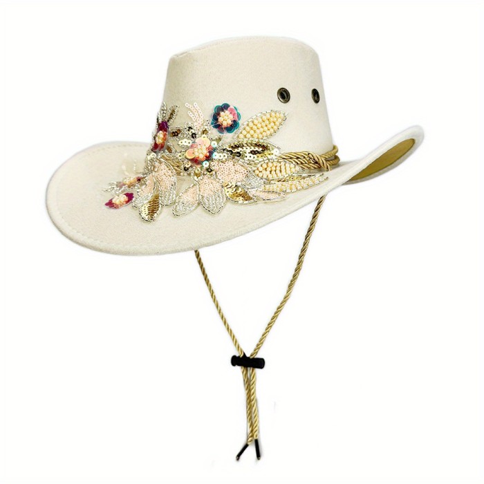 Women Wide Brim Suede Hat Fashion Floral Embroidery Cowgirl Hat Autumn Winter Felt Jazz Cap