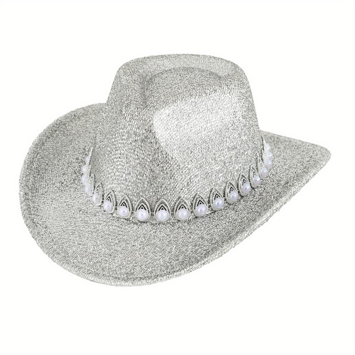 Women Cowgirl Hat, Glitter Soft Wide Brim Hat Pearled Western Hat for Club Party