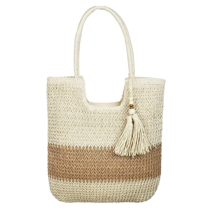 Women's Large Straw Beach Tote Bag - Woven Natural Beige & Brown Tote with Zipper Closure, Decorative Tassel Tassel Accent - Lightweight Durable Straw Fabric for Summer Vacation, Pool, Shopping & Picnic - Stylish & Spacious Handbag