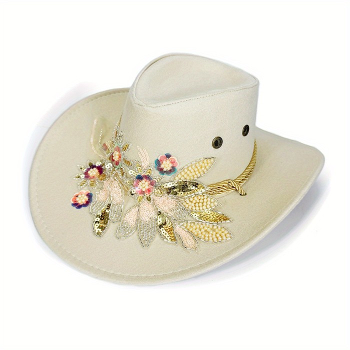 Women Wide Brim Suede Hat Fashion Floral Embroidery Cowgirl Hat Autumn Winter Felt Jazz Cap
