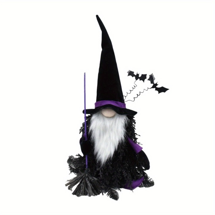 Handmade Halloween Tomte Gnome Figurine – Black & White Plush with Beard & Broomstick, Table or Home Décor