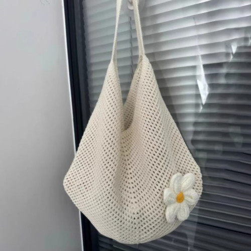Women's Large Capacity Knitted Crochet Beach Tote Bag - Beige Wicker-Style Handbag with Drawstring Closure, Soft Shell & Practical Pocket, Durable Nylon & Non-Woven Fabric for Travel, Shopping, Daily Use - Elegant Beige Crochet Design, Versatile Casual to Formal Events, Comfortable Strap, Easy to Clean (Dry Clean Only) - Stylish Beige Tote with Crochet Flower Accent, Spacious Interior for Beach Outings, Summer Accessory, Lightweight Construction, Fashion Women,
