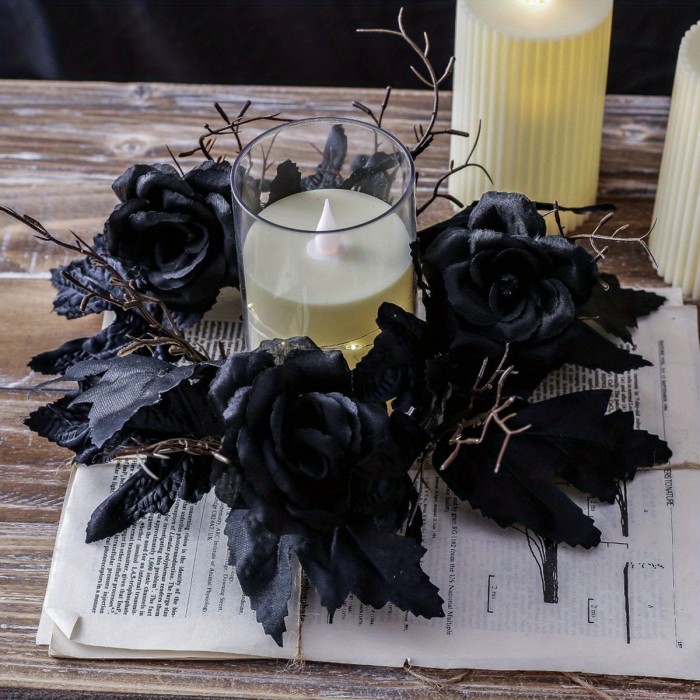 Halloween Black Rose Wreath Centerpiece – Gothic Candle Ring with Gold Frame for Home, Party, Wedding Décor