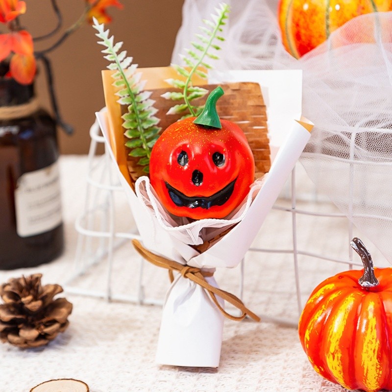 Halloween Pumpkin Bouquet – Jack-O’-Lantern Centerpiece with White Ribbon, Fall Table & Home Décor