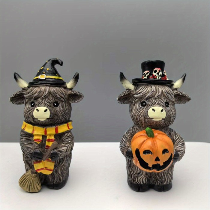 2pcs Halloween Highland Cow Figurines – Autumn Pumpkin Maple Leaf Resin Statues, Rustic Farmhouse Fall Decorations for Home, Garden & Table Decor