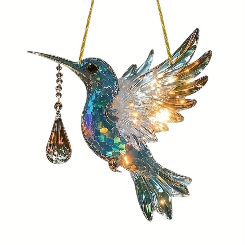 2D Flat, Acrylic Hummingbird Sun Catcher - Colorful Mosaic Stained Glass Effect Hanger Ornament, Elegant Ornate Design for Home Decor, No Electricity Needed, Featherless, 2D Flat Design, Perfect for Living Room or Bedroom, Bedroom Decoration | Art Deco Style | Acrylic Construction, Hummingbird Decor