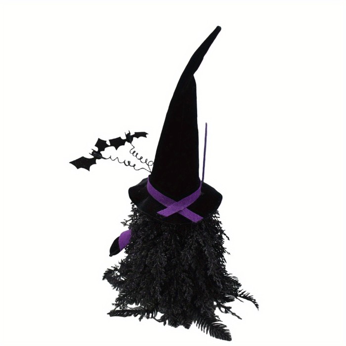 Handmade Halloween Tomte Gnome Figurine – Black & White Plush with Beard & Broomstick, Table or Home Décor