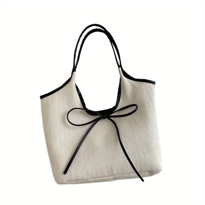 Women’s White Hemp Tote Bag – Spacious Handbag with Brown Bow Accent