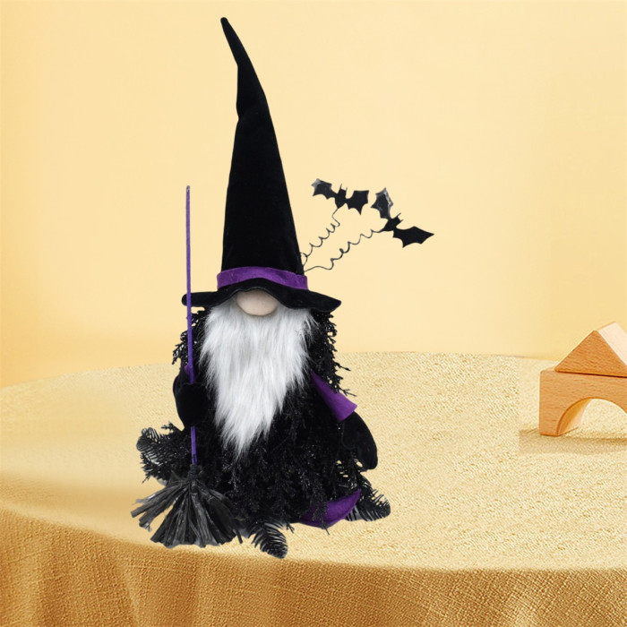 Handmade Halloween Tomte Gnome Figurine – Black & White Plush with Beard & Broomstick, Table or Home Décor