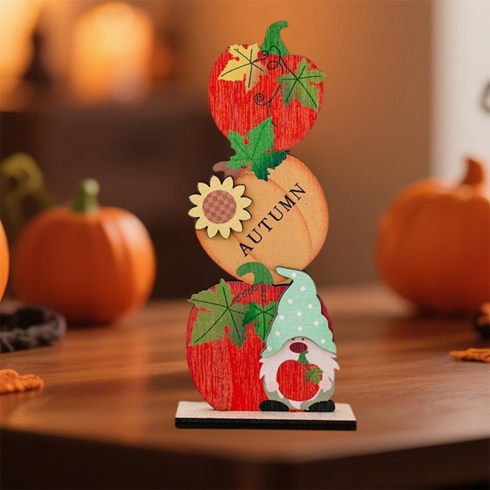 Charming Wooden Gnome & Hedgehog Thanksgiving Table Sign – Autumn Harvest Decor with Pumpkins, Apples & Sunflowers, Perfect Fall & Thanksgiving Home Decoration