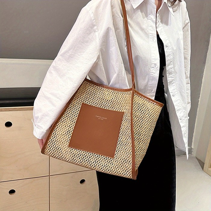 Women’s Woven Straw Tote Bag – Large Capacity Beige & White Shoulder Handbag for Beach, Vacation & Everyday Use
