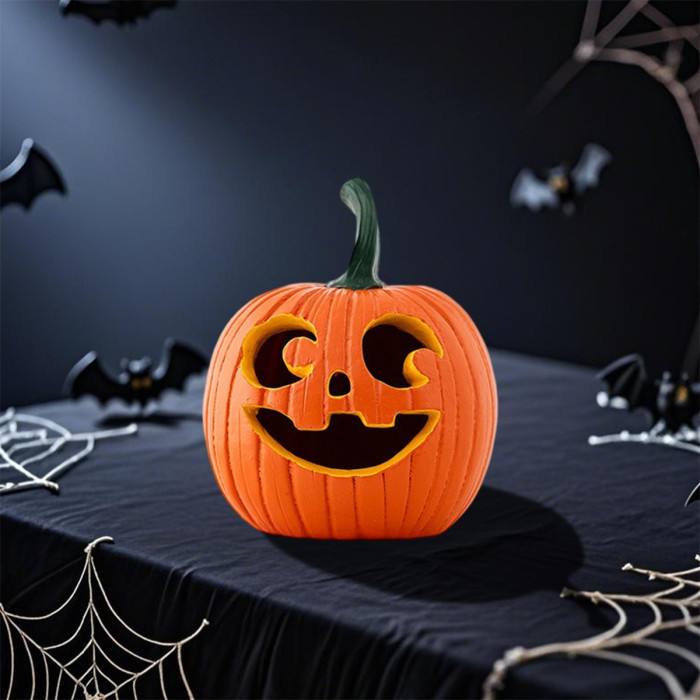 Halloween Table Decorations – Cute Hollow Pumpkin Resin Figurines with Smiling Faces, Festive Fall Centerpiece for Home & Party Decor