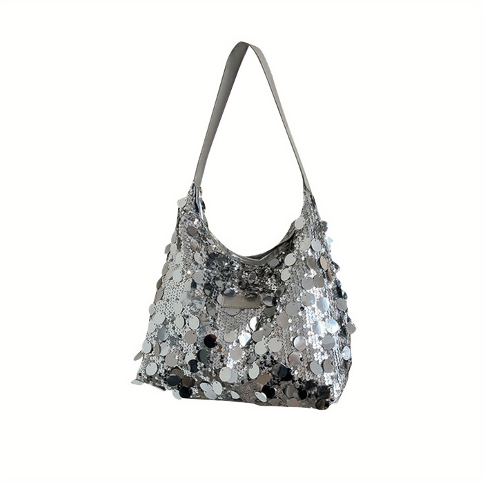 Women’s Sequin Tote Bag – Sparkle Shoulder Hobo Handbag with Wide Strap & Zip Closure