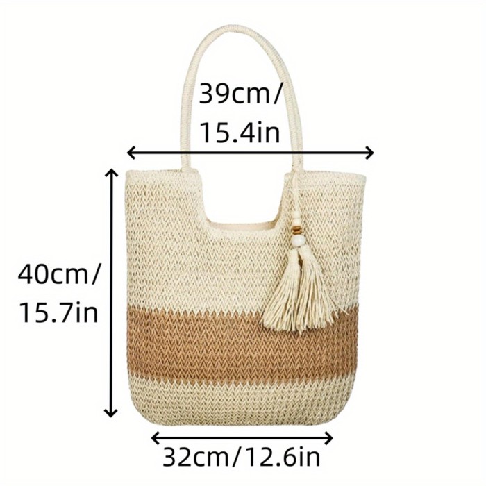 Women's Large Straw Beach Tote Bag - Woven Natural Beige & Brown Tote with Zipper Closure, Decorative Tassel Tassel Accent - Lightweight Durable Straw Fabric for Summer Vacation, Pool, Shopping & Picnic - Stylish & Spacious Handbag