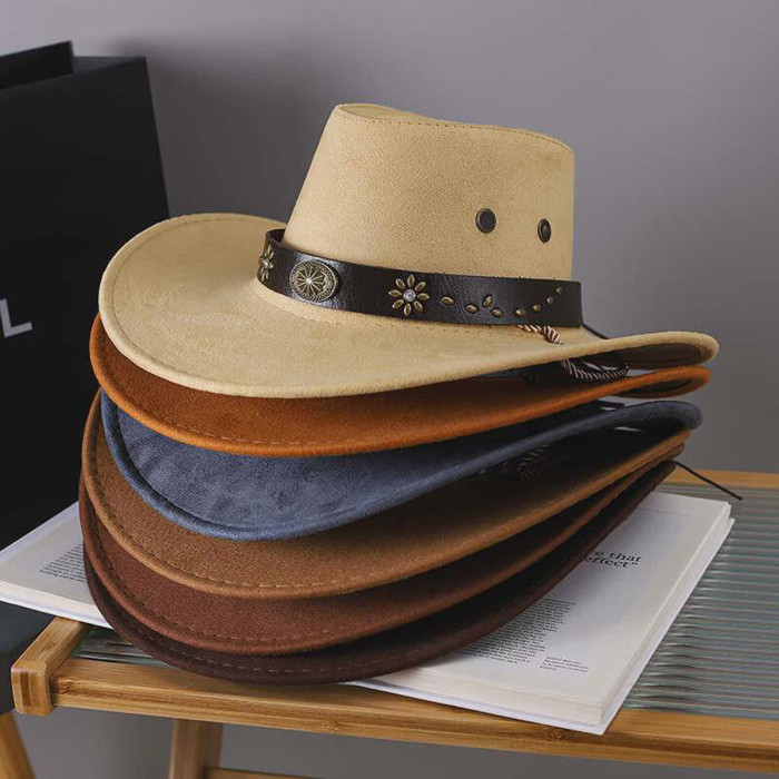 Vintage Western Cowboy Hat - Distressed Denim Wide Brim Hat with Adjustable Leather Chin Strap for Halloween, Rodeo Events & Outdoor Activities