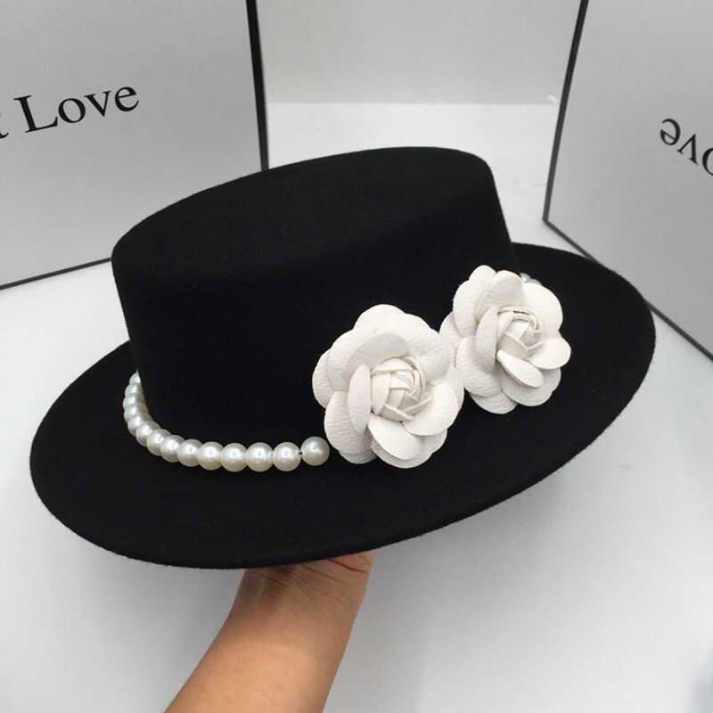 2D Flat - Women'S Vintage Fedora Hat - Elegant Black with Floral accent, Wide Brim, Lightweight Non-Stretch Formal & Everyday Women'S Fashion Hat for Church, Derby, Parties - Classic Flat Top Derby Cap, Party Accessory, Pearl Embellishments, Church Accessory, Hand Washable, Stylish Women