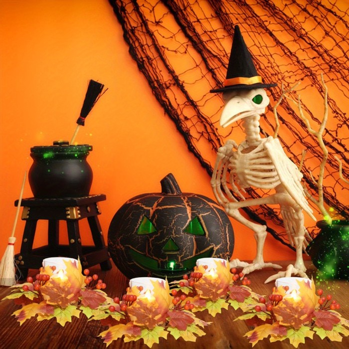 4pcs Elegant Fall Maple Leaf & Berry Candle Holders - Durable Plastic\u002F Wreath Centerpiece with Clear Glass-Like Top, Warm Autumn Colors (Golden, Brown, Orange, Red) for Thanksgiving Tabletop Decor, Rustic Farmhouse Candle Rings, No Electricity Needed, Easy Assembly, Classic Style Desktop Candle Holders with Realistic Maple Leaves and Berries for Festive Home Decoration