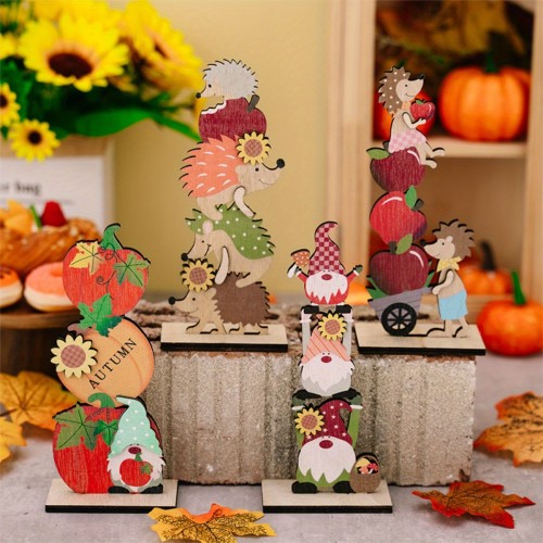 Charming Wooden Gnome & Hedgehog Thanksgiving Table Sign – Autumn Harvest Decor with Pumpkins, Apples & Sunflowers, Perfect Fall & Thanksgiving Home Decoration
