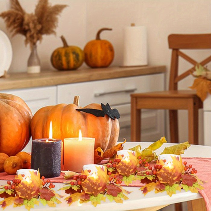 4pcs Elegant Fall Maple Leaf & Berry Candle Holders - Durable Plastic\u002F Wreath Centerpiece with Clear Glass-Like Top, Warm Autumn Colors (Golden, Brown, Orange, Red) for Thanksgiving Tabletop Decor, Rustic Farmhouse Candle Rings, No Electricity Needed, Easy Assembly, Classic Style Desktop Candle Holders with Realistic Maple Leaves and Berries for Festive Home Decoration
