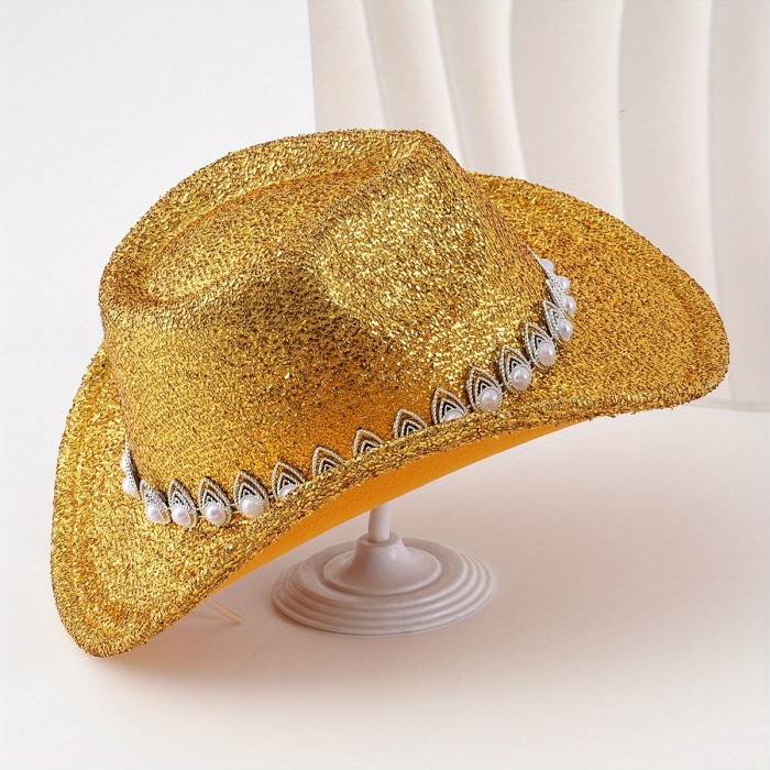 Women Cowgirl Hat, Glitter Soft Wide Brim Hat Pearled Western Hat for Club Party