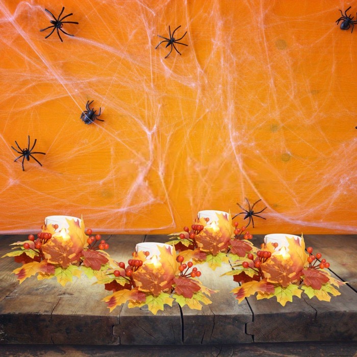 4pcs Elegant Fall Maple Leaf & Berry Candle Holders - Durable Plastic\u002F Wreath Centerpiece with Clear Glass-Like Top, Warm Autumn Colors (Golden, Brown, Orange, Red) for Thanksgiving Tabletop Decor, Rustic Farmhouse Candle Rings, No Electricity Needed, Easy Assembly, Classic Style Desktop Candle Holders with Realistic Maple Leaves and Berries for Festive Home Decoration