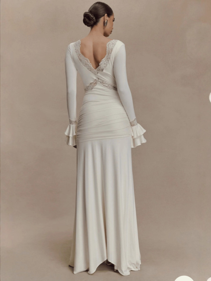 Women's Lace Sexy Long with Trumpet Sleeves and Tailored Splicing Dress