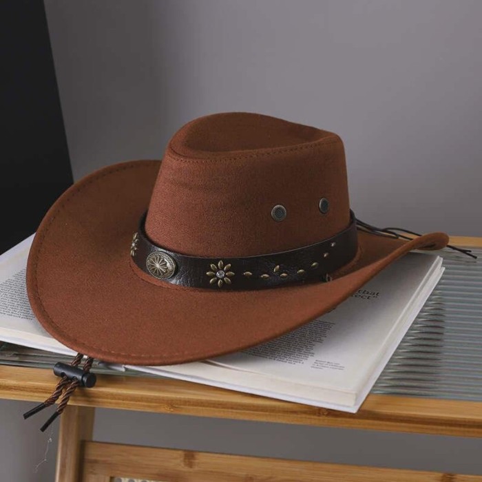 Vintage Western Cowboy Hat - Distressed Denim Wide Brim Hat with Adjustable Leather Chin Strap for Halloween, Rodeo Events & Outdoor Activities