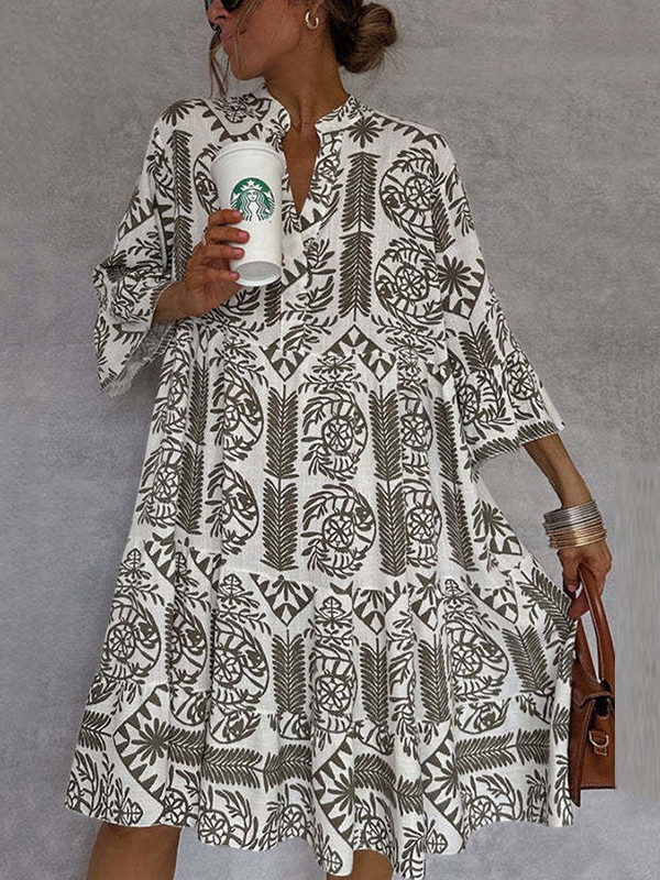 Falbala Printed Loose Three-Quarter Sleeves V-Neck Midi Dresses