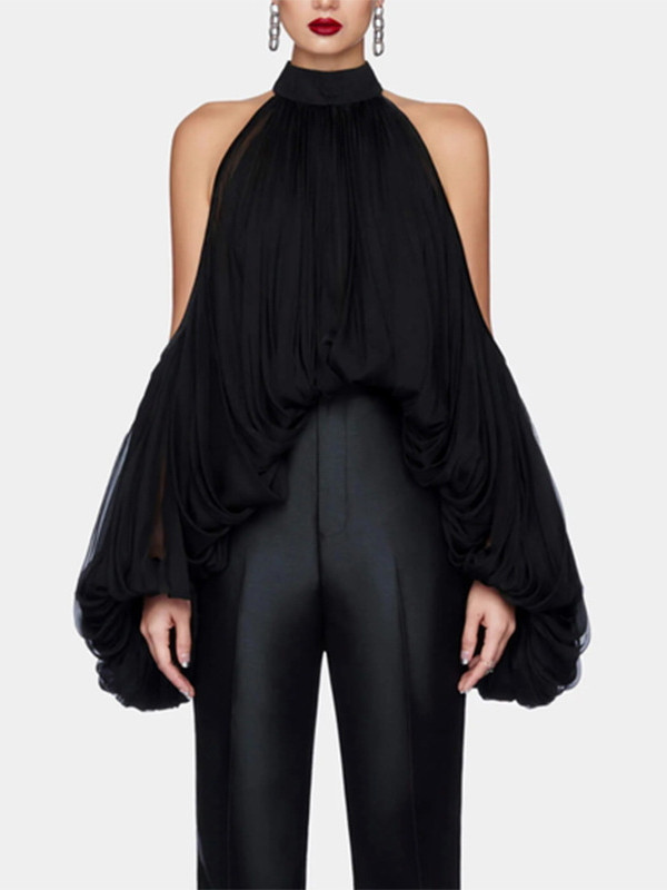 Pleated Solid Color Tied Long Sleeves Loose Halter-Neck Blouses&Shirts Tops