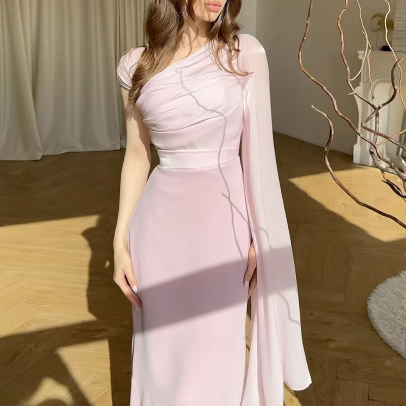 Spring New Luxury Soft Elegant Party Dresses Woman Sexy Satin Spliced Slim Long Dress Fall Long Sleeve One-shoulder Hollow Dress