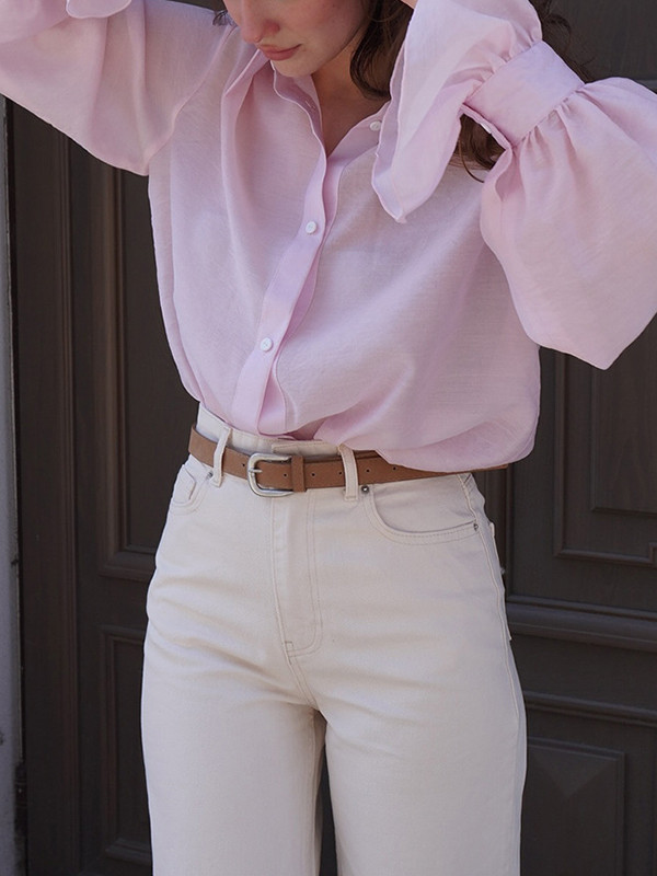 Pleated Solid Color Split-Joint Loose Puff Sleeves Lapel Blouses&shirts Tops