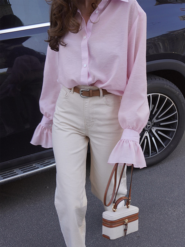 Pleated Solid Color Split-Joint Loose Puff Sleeves Lapel Blouses&shirts Tops