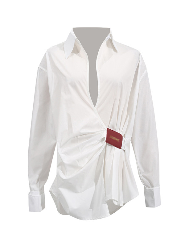 Buttoned Pleated Solid Color Long Sleeves Loose Lapel Blouses&Shirts Tops